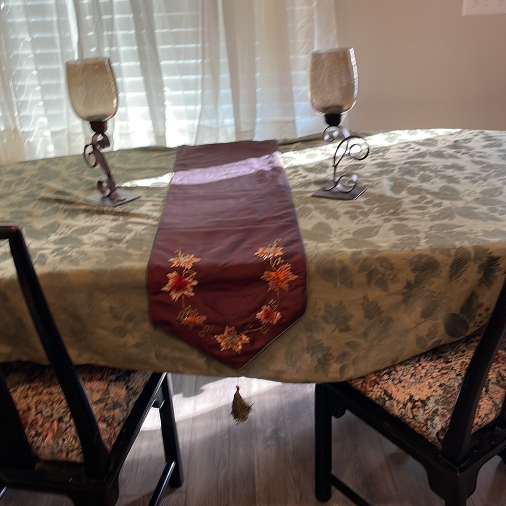 71” long fall autumn colored embroidered table runner with tassels